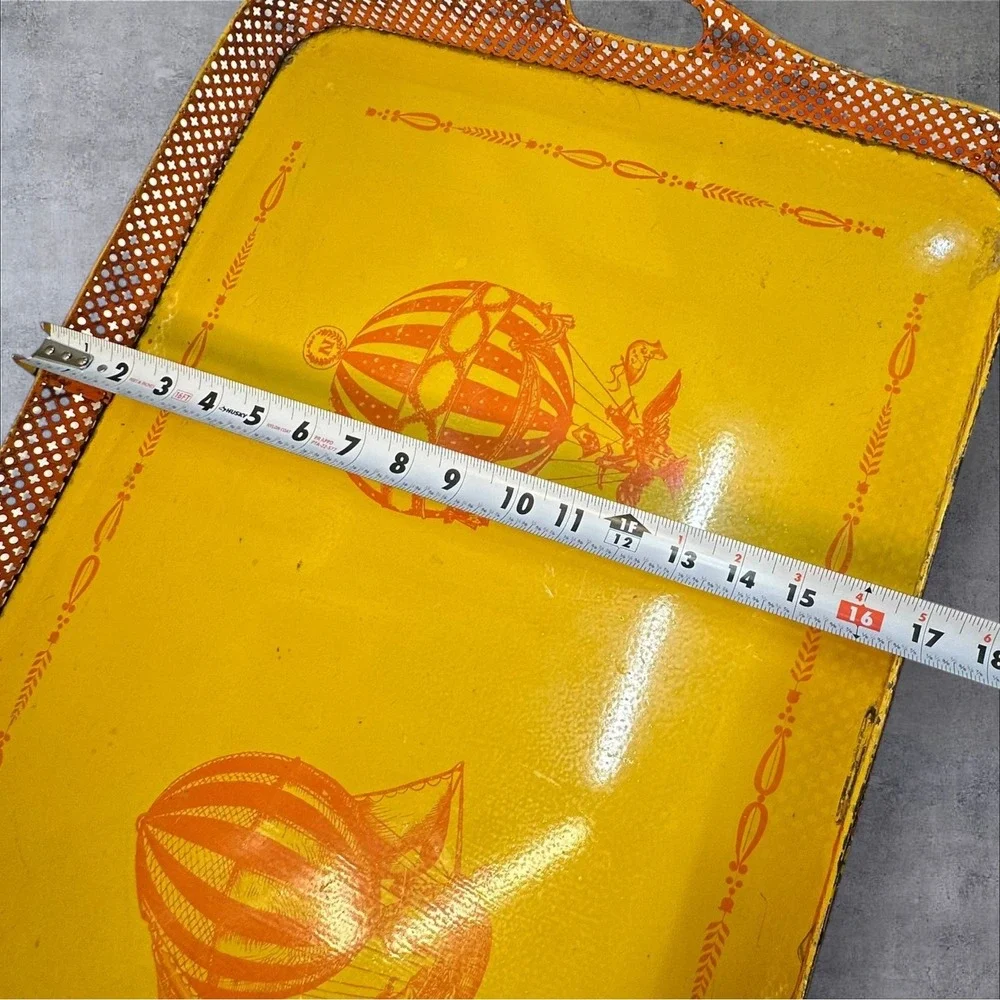 Vintage‎ Italian Metal Tray Painted Hot Air Balloon Yellow 26x17 Rustic Decor